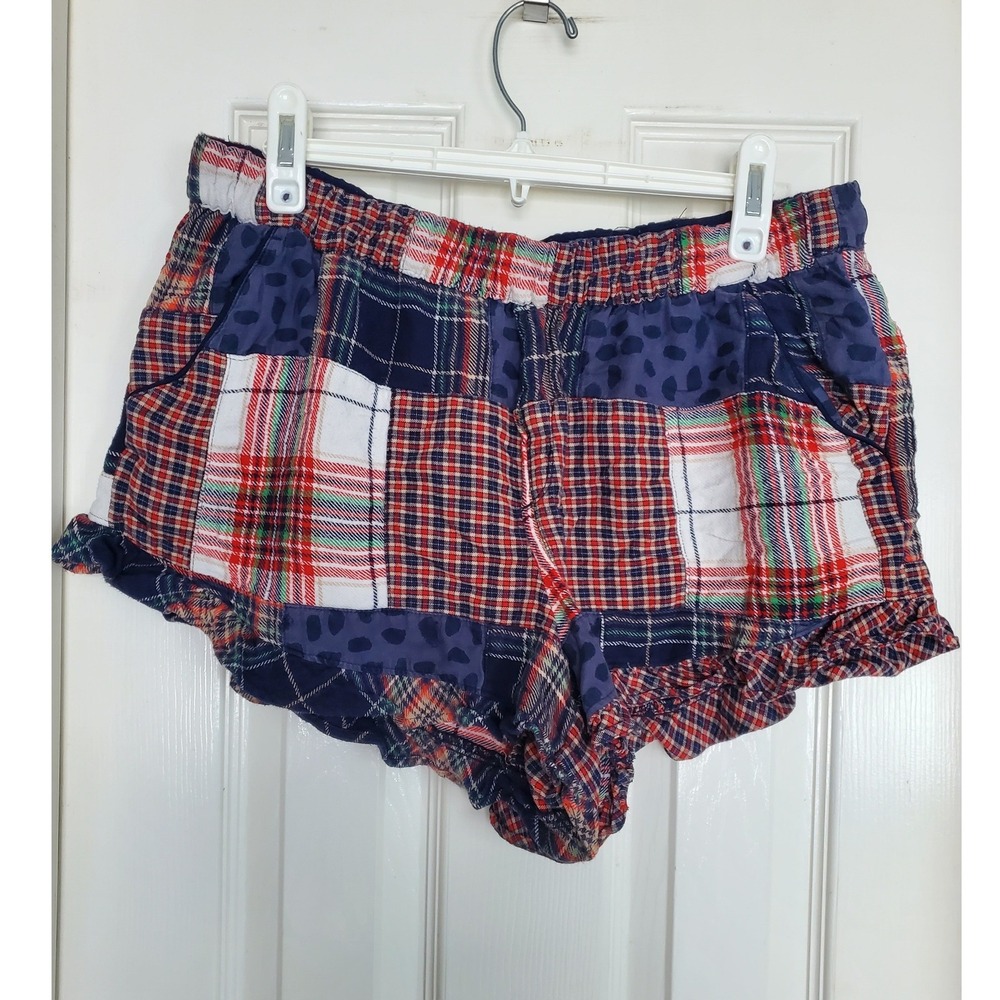 Aerie Pajama Shorts Red Blue Plaid Patchwork Ruffle Hem Sleepwear Lounge Large